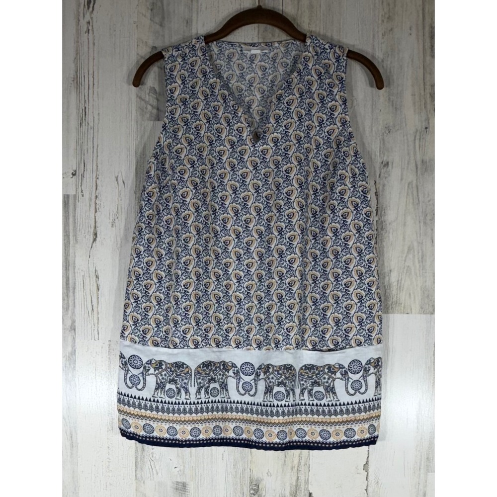 J Jill Love Linen Sleeveless V Neck Tunic Top XS Elephant Floral Print Pockets